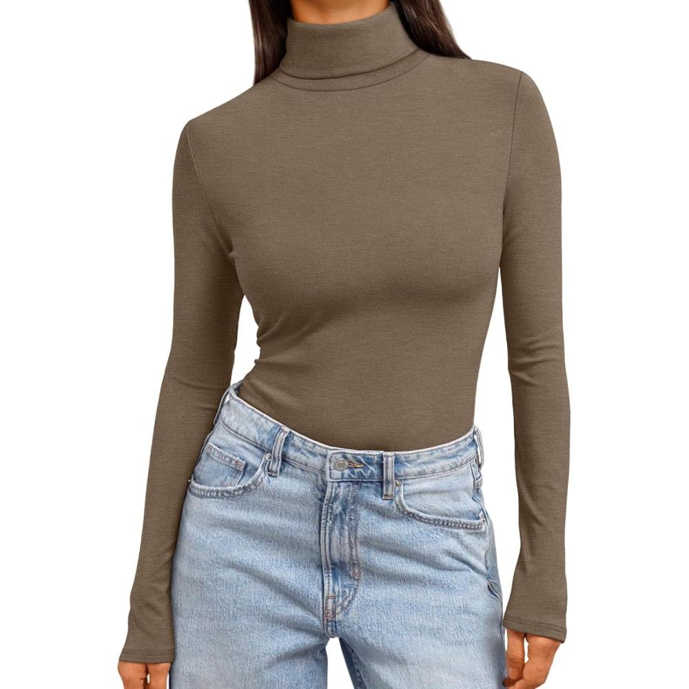 imageTrendy Queen Womens Turtleneck Long Sleeve Shirts Fall Fashion Basic Thermal Underwear Tops Winter Clothes 2025Light Brown
