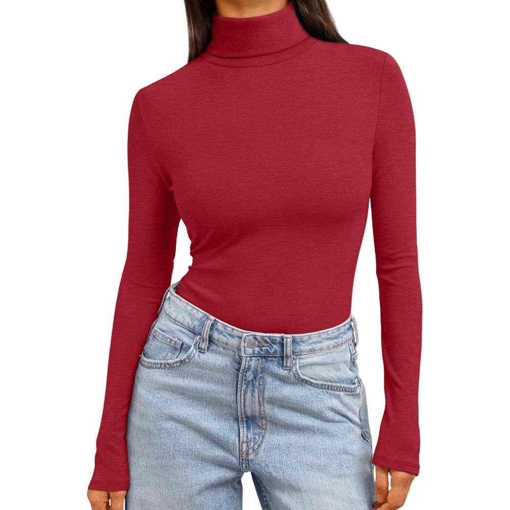 imageTrendy Queen Womens Turtleneck Long Sleeve Shirts Fall Fashion Basic Thermal Underwear Tops Winter Clothes 2025Red