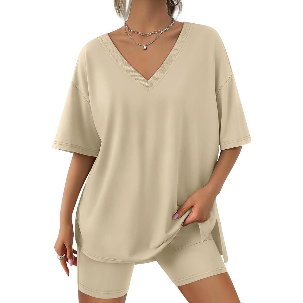 imageTrendy Queen Womens Two Piece Lounge Sets Summer Outfits 2025 Spring Fashion Vacation Tops Shorts Matching TracksuitsKhaki