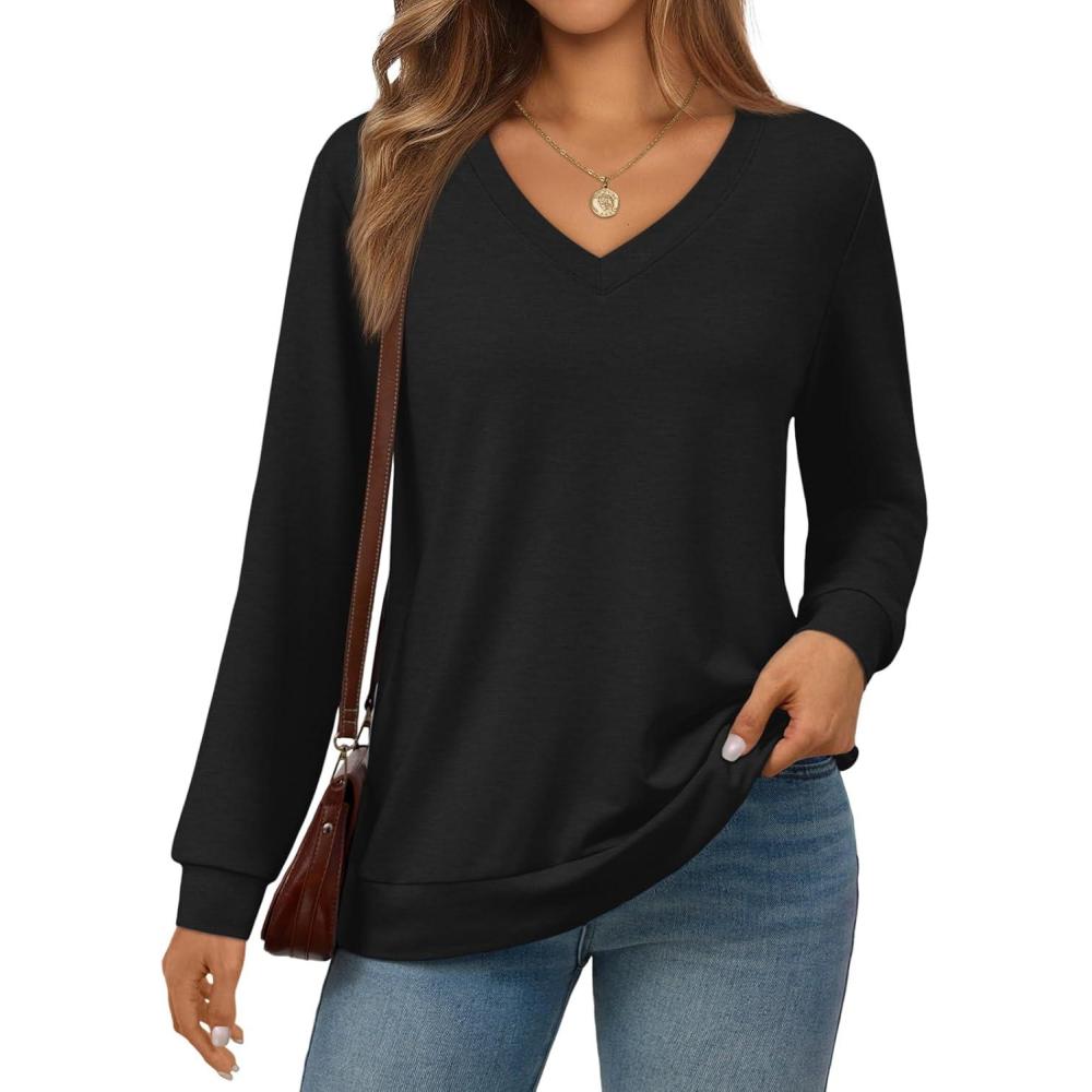 imageTrendy Queen Womens V Neck Long Sleeve Shirts Lightweight Thermal Pullover Tops Soft Cozy Fall Winter Casual Outfit 2025Black