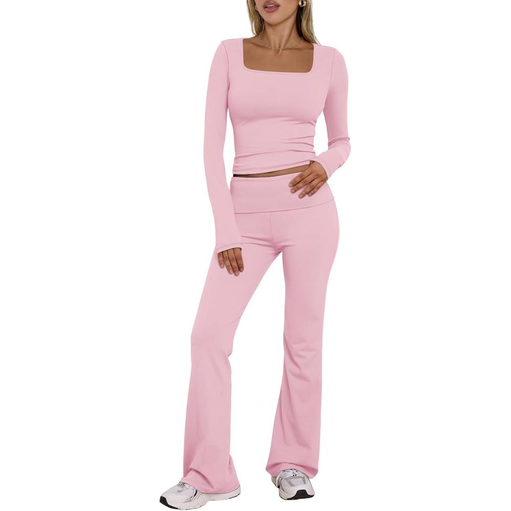 imageTrendy Queen Womens Workout Sets 2 Piece Fall Outfits Square Neck Tops Flare Pants Tracksuits Clothes Winter Fashion 2025Pink