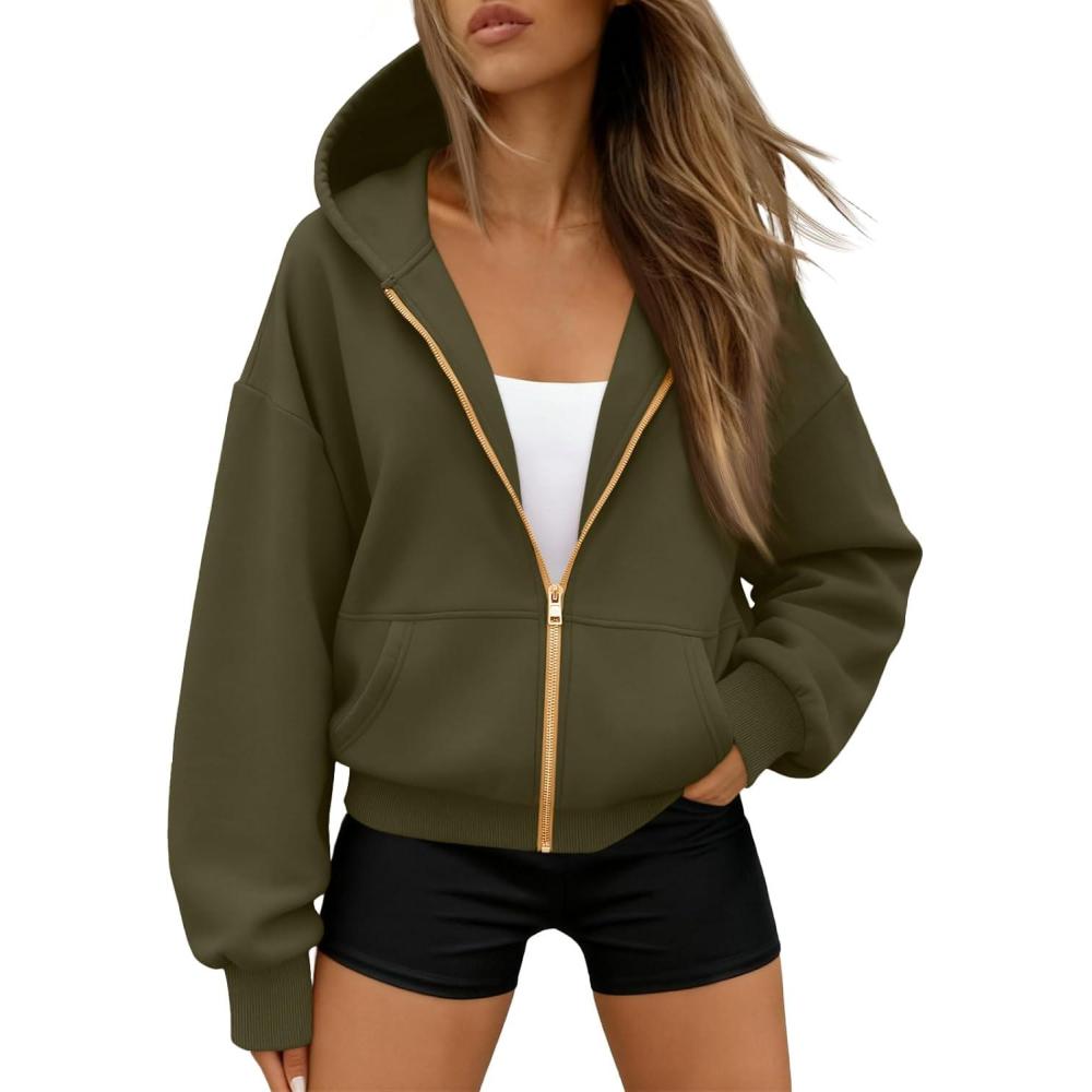 imageTrendy Queen Womens Zip Up Hoodies Fall Fashion Sweatshirt 2025 Clothes Y2K Cropped Jackets Cute Winter OutfitsArmygreen