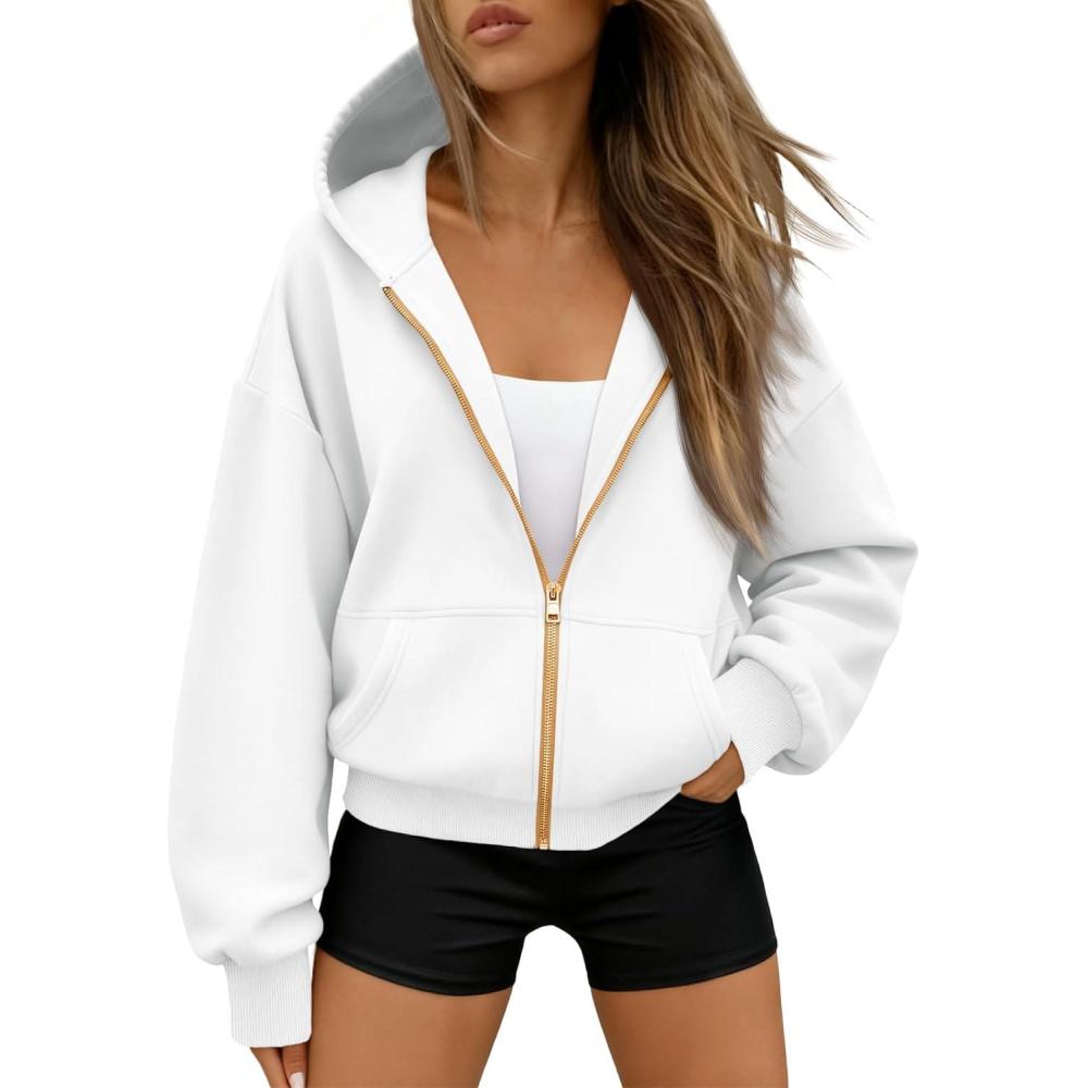 imageTrendy Queen Womens Zip Up Hoodies Fall Fashion Sweatshirt 2025 Clothes Y2K Cropped Jackets Cute Winter OutfitsWhite