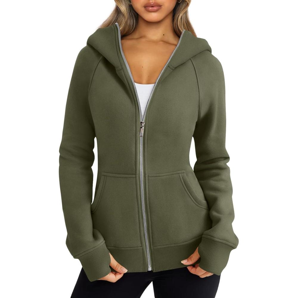 imageTrendy Queen Womens Zip Up Hoodies Fleece Jackets Oversized Sweatshirts Fall Fashion Outfits Sweaters Winter ClothesArmygreen