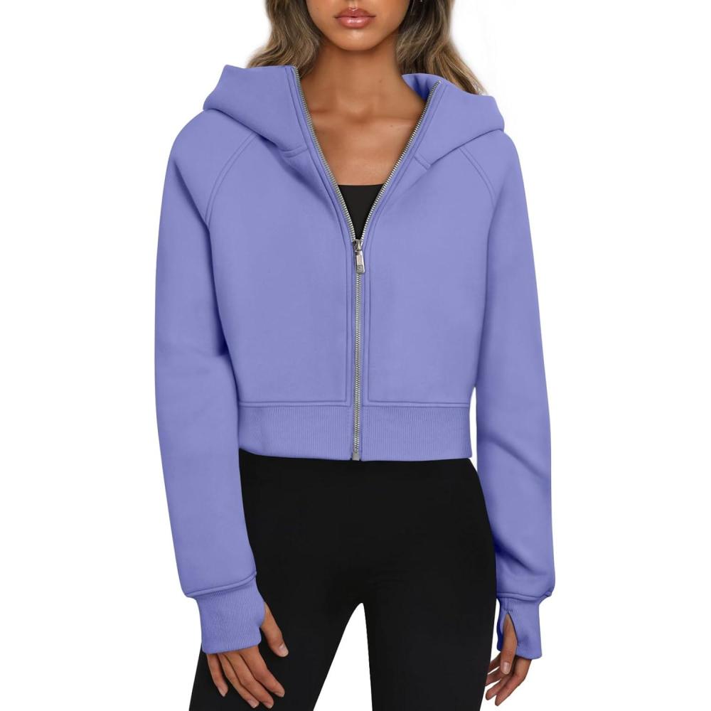 imageTrendy Queen Womens Zip Up Hoodies Jackets Cropped Sweatshirts Fleece Fall Outfits Casual Comfy Y2k Tops Winter Clothes 2025Purpleblue