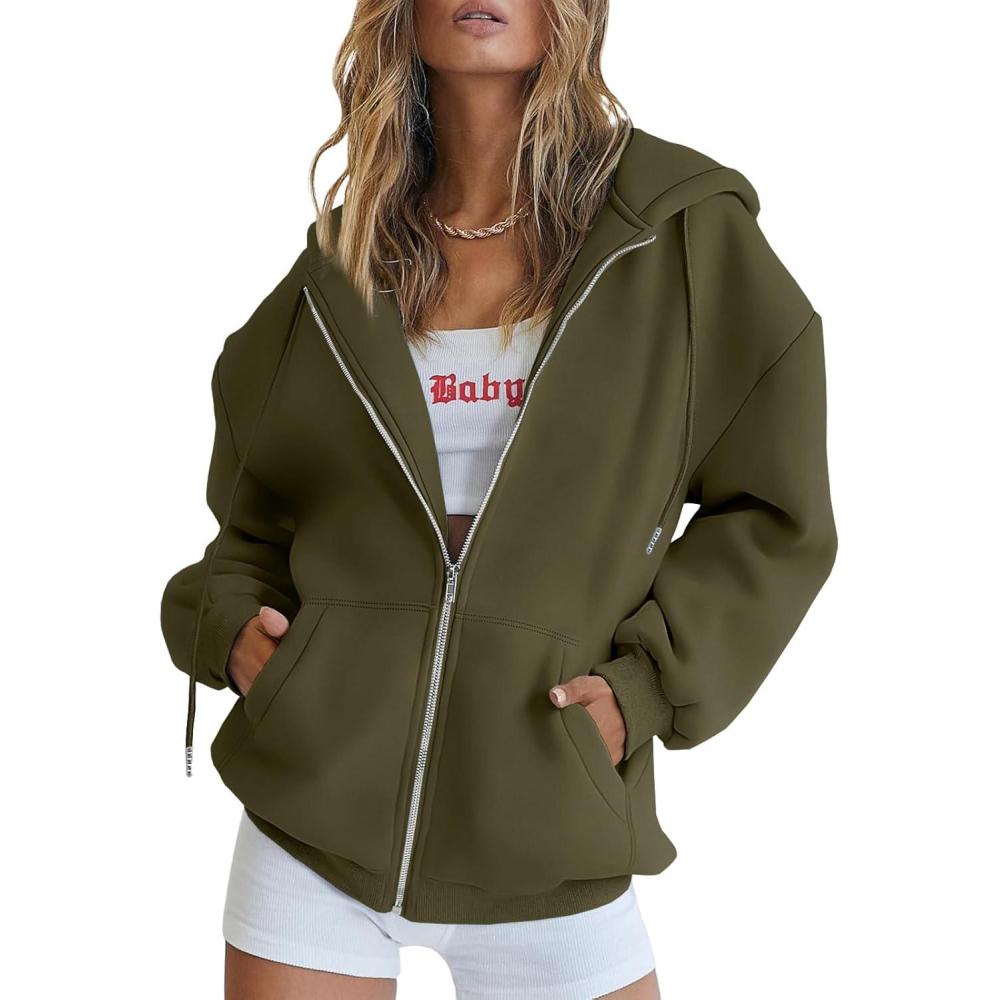 imageTrendy Queen Womens Zip Up Hoodies Oversized Sweatshirts Fall School Fashion Outfits Casual Jackets 2025 Winter ClothesArmy Green