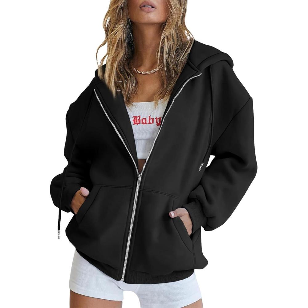 imageTrendy Queen Womens Zip Up Hoodies Oversized Sweatshirts Fall School Fashion Outfits Casual Jackets 2025 Winter ClothesBlack