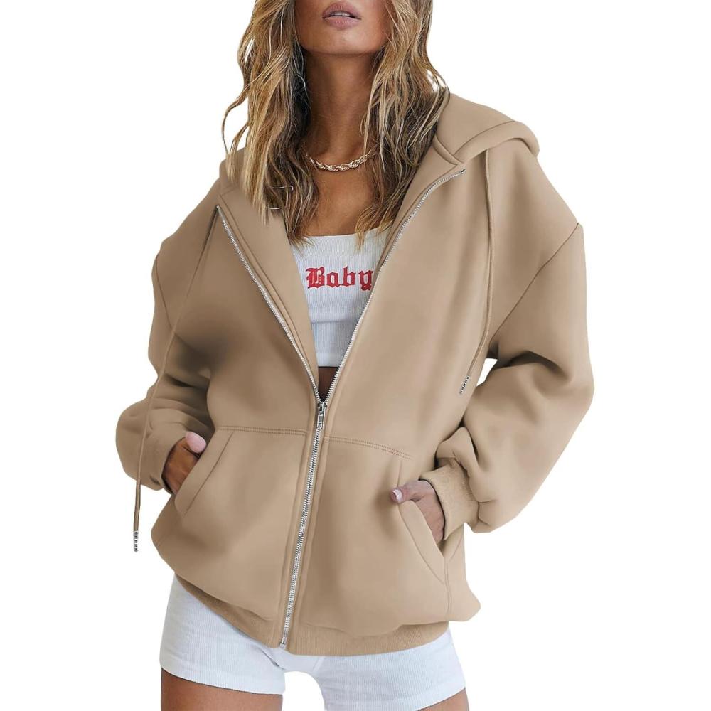 imageTrendy Queen Womens Zip Up Hoodies Oversized Sweatshirts Fall School Fashion Outfits Casual Jackets 2025 Winter ClothesDark Khaki