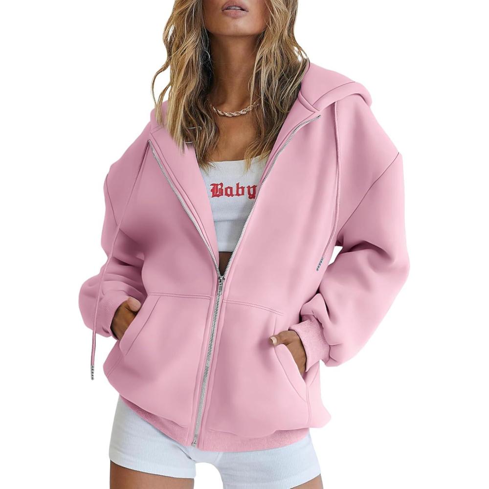 imageTrendy Queen Womens Zip Up Hoodies Oversized Sweatshirts Fall School Fashion Outfits Casual Jackets 2025 Winter ClothesPale Pink