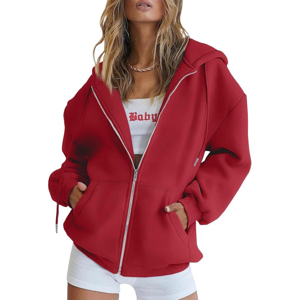 imageTrendy Queen Womens Zip Up Hoodies Oversized Sweatshirts Fall School Fashion Outfits Casual Jackets 2025 Winter ClothesRed