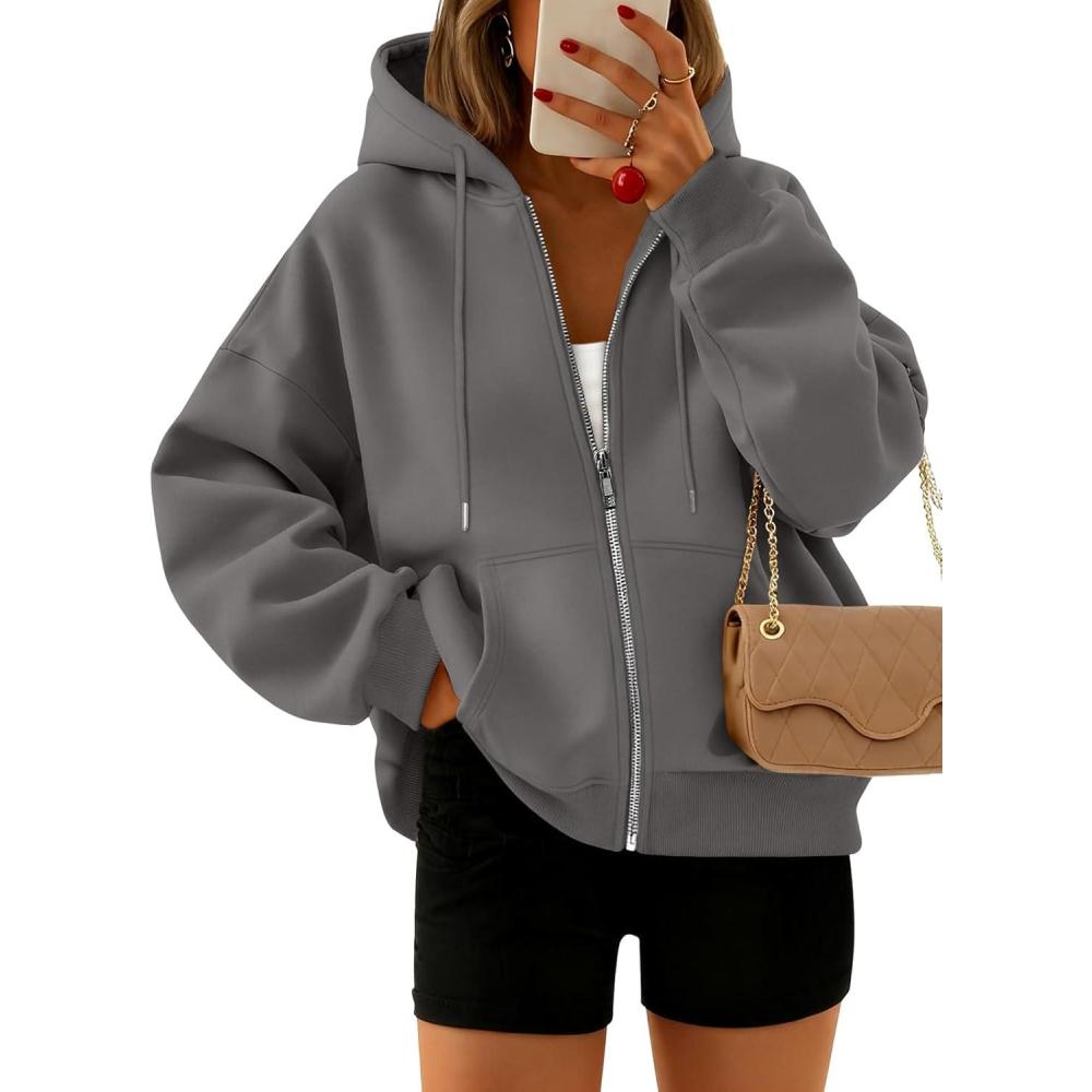 imageTrendy Queen Zip Up Hoodies For Women Cropped Sweatshirts Fall Fashion Outfits 2025 Y2k Fleece Teen Girls ClothesDark Grey