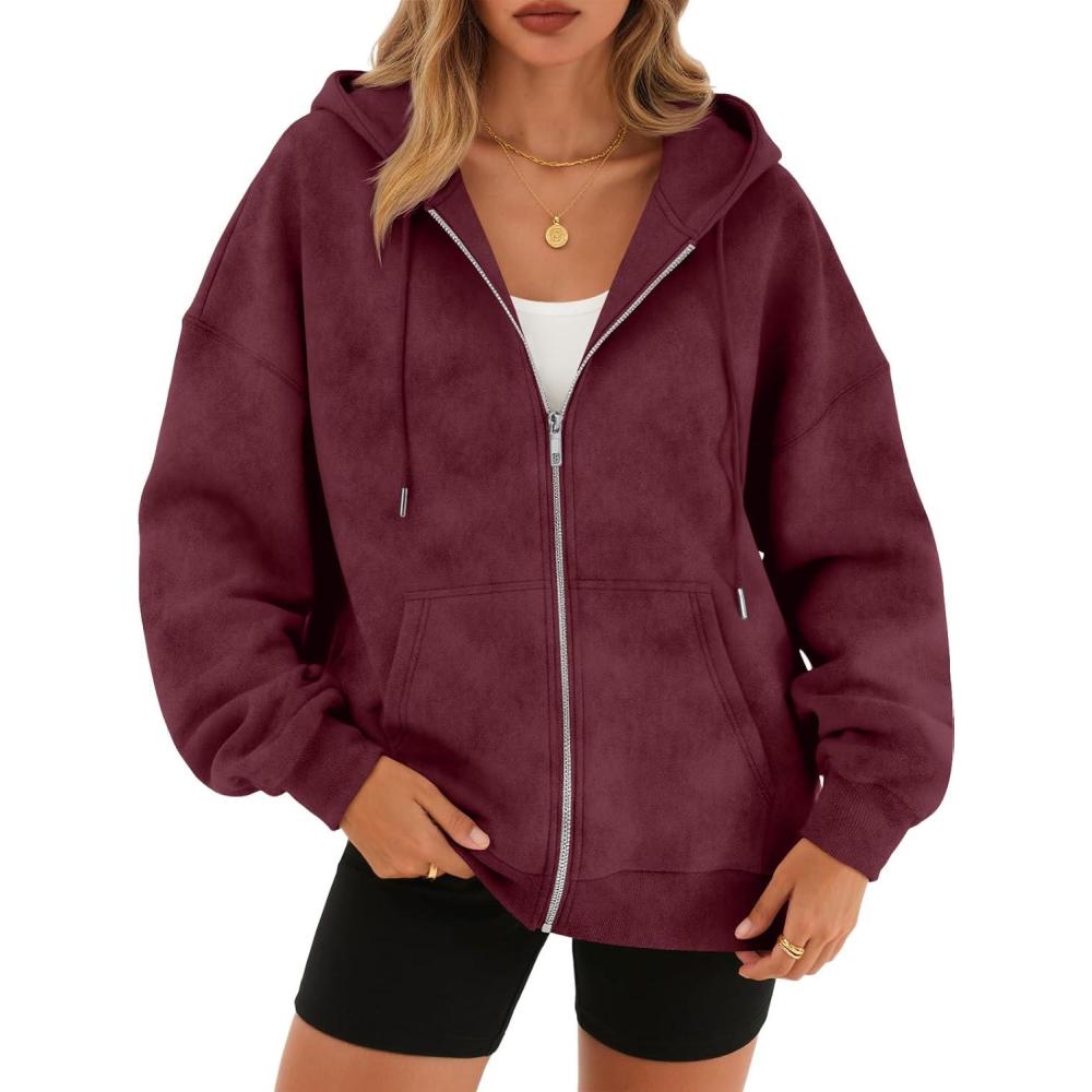 imageTrendy Queen Zip Up Hoodies for Women Acid Wash Oversized Sweatshirt Fall Fashion Jacket Cute Y2k Winter teen girls pulloverWinered