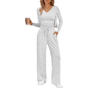 Trendy Queen 2 Piece Lounge Sets for Women Fall Outfits 2025 Fashion Two Piece Sweatsuits Business Casual Outfits Clothes(White Grey)