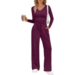 Trendy Queen 2 Piece Lounge Sets for Women Fall Outfits 2025 Fashion Two Piece Sweatsuits Business Casual Outfits Clothes(Wine Purple)