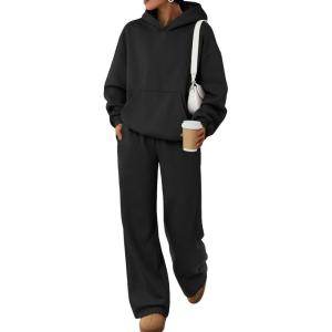 Trendy Queen 2 Piece Lounge Sweat Sets Plus Size Fall Fashion Matching Sweatsuits Wide Leg Pants Travel Outfit Winter Clothes(Black)