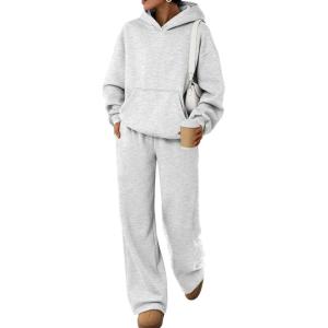 Trendy Queen 2 Piece Lounge Sweat Sets Plus Size Fall Fashion Matching Sweatsuits Wide Leg Pants Travel Outfit Winter Clothes(Grey)