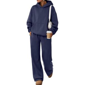Trendy Queen 2 Piece Lounge Sweat Sets Plus Size Fall Fashion Matching Sweatsuits Wide Leg Pants Travel Outfit Winter Clothes(Navy)
