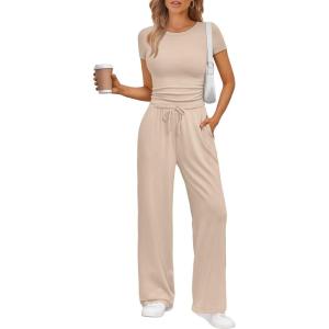 Trendy Queen 2 Piece Matching Summer Sweatsuit Lounge Set Womens Wide Leg Pants Side Ruching Crop Top Sets(Almond)