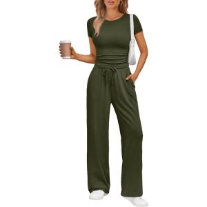 Trendy Queen 2 Piece Matching Summer Sweatsuit Lounge Set Womens Wide Leg Pants Side Ruching Crop Top Sets(Army Green)