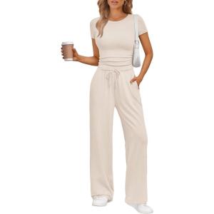 Trendy Queen 2 Piece Matching Summer Sweatsuit Lounge Set Womens Wide Leg Pants Side Ruching Crop Top Sets(Beige)