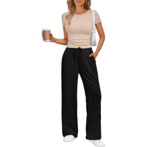 Trendy Queen 2 Piece Matching Summer Sweatsuit Lounge Set Womens Wide Leg Pants Side Ruching Crop Top Sets(Beige Black)