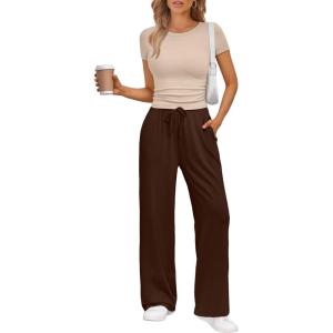 Trendy Queen 2 Piece Matching Summer Sweatsuit Lounge Set Womens Wide Leg Pants Side Ruching Crop Top Sets(Beige Coffee)