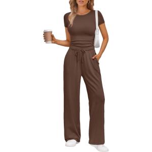 Trendy Queen 2 Piece Matching Summer Sweatsuit Lounge Set Womens Wide Leg Pants Side Ruching Crop Top Sets(Cocoa)