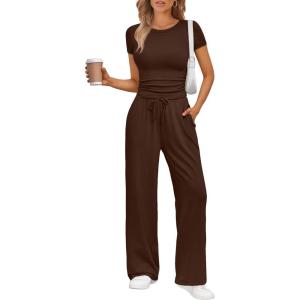 Trendy Queen 2 Piece Matching Summer Sweatsuit Lounge Set Womens Wide Leg Pants Side Ruching Crop Top Sets(Coffee)