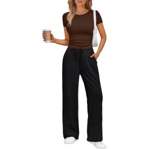 Trendy Queen 2 Piece Matching Summer Sweatsuit Lounge Set Womens Wide Leg Pants Side Ruching Crop Top Sets(Coffee Black)