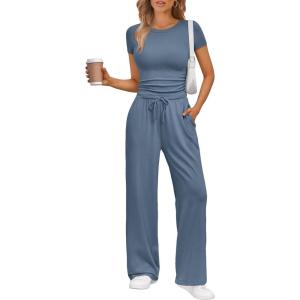 Trendy Queen 2 Piece Matching Summer Sweatsuit Lounge Set Womens Wide Leg Pants Side Ruching Crop Top Sets(Dusty Blue)
