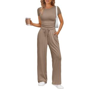 Trendy Queen 2 Piece Matching Summer Sweatsuit Lounge Set Womens Wide Leg Pants Side Ruching Crop Top Sets(Khaki)