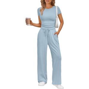Trendy Queen 2 Piece Matching Summer Sweatsuit Lounge Set Womens Wide Leg Pants Side Ruching Crop Top Sets(Light Blue)