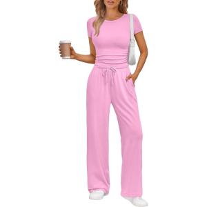 Trendy Queen 2 Piece Matching Summer Sweatsuit Lounge Set Womens Wide Leg Pants Side Ruching Crop Top Sets(Light Pink)