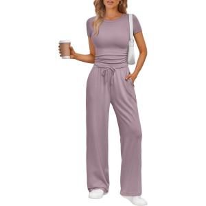 Trendy Queen 2 Piece Matching Summer Sweatsuit Lounge Set Womens Wide Leg Pants Side Ruching Crop Top Sets(Lilac)