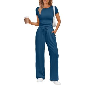 Trendy Queen 2 Piece Matching Summer Sweatsuit Lounge Set Womens Wide Leg Pants Side Ruching Crop Top Sets(Marine)