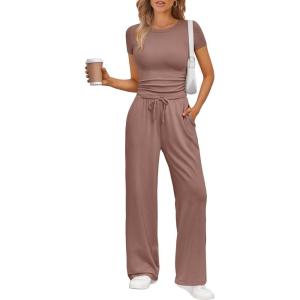 Trendy Queen 2 Piece Matching Summer Sweatsuit Lounge Set Womens Wide Leg Pants Side Ruching Crop Top Sets(Mauve Rose)