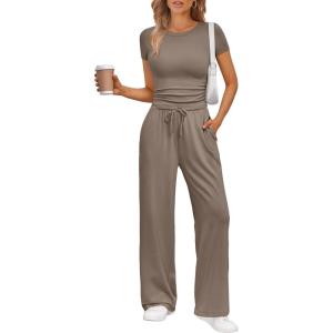 Trendy Queen 2 Piece Matching Summer Sweatsuit Lounge Set Womens Wide Leg Pants Side Ruching Crop Top Sets(Mocha)