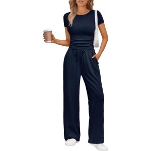 Trendy Queen 2 Piece Matching Summer Sweatsuit Lounge Set Womens Wide Leg Pants Side Ruching Crop Top Sets(Navy)