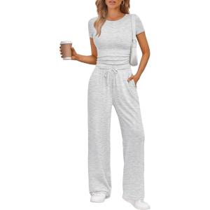 Trendy Queen 2 Piece Matching Summer Sweatsuit Lounge Set Womens Wide Leg Pants Side Ruching Crop Top Sets(Oatmeal Grey)