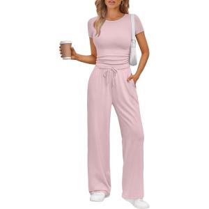Trendy Queen 2 Piece Matching Summer Sweatsuit Lounge Set Womens Wide Leg Pants Side Ruching Crop Top Sets(Pastel Pink)
