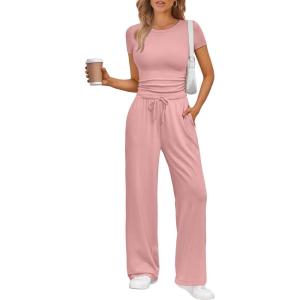 Trendy Queen 2 Piece Matching Summer Sweatsuit Lounge Set Womens Wide Leg Pants Side Ruching Crop Top Sets(Peach)