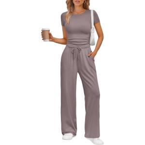 Trendy Queen 2 Piece Matching Summer Sweatsuit Lounge Set Womens Wide Leg Pants Side Ruching Crop Top Sets(Rose Taupe)