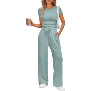 Trendy Queen 2 Piece Matching Summer Sweatsuit Lounge Set Womens Wide Leg Pants Side Ruching Crop Top Sets(Sage)