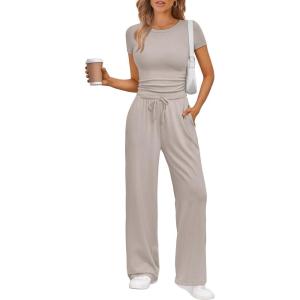 Trendy Queen 2 Piece Matching Summer Sweatsuit Lounge Set Womens Wide Leg Pants Side Ruching Crop Top Sets(Smoke)