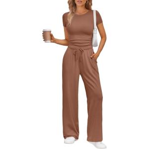 Trendy Queen 2 Piece Matching Summer Sweatsuit Lounge Set Womens Wide Leg Pants Side Ruching Crop Top Sets(Toffee)