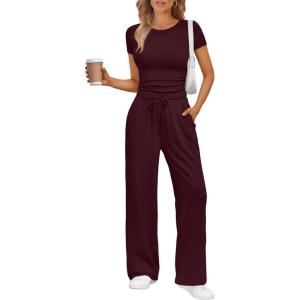 Trendy Queen 2 Piece Matching Summer Sweatsuit Lounge Set Womens Wide Leg Pants Side Ruching Crop Top Sets(Wine)