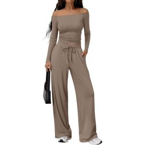 Trendy Queen 2 Piece Off Shoulder Lounge Set Womens Wide Leg Pants Side Ruching Slightly Crop Top Sets(Mocha)