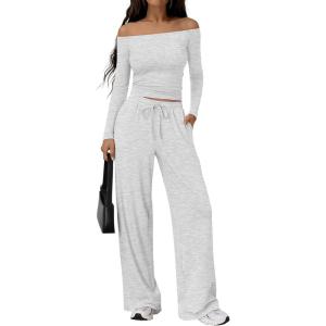 Trendy Queen 2 Piece Off Shoulder Lounge Set Womens Wide Leg Pants Side Ruching Slightly Crop Top Sets(Oatmeal Grey)