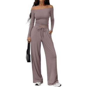 Trendy Queen 2 Piece Off Shoulder Lounge Set Womens Wide Leg Pants Side Ruching Slightly Crop Top Sets(Rose Taupe)
