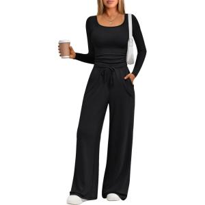 Trendy Queen 2 Piece Scoop Neck Lounge Set Womens Wide Leg Pants Side Ruching Slightly Crop Top Sweatsuit Sets With Pockets(Black)